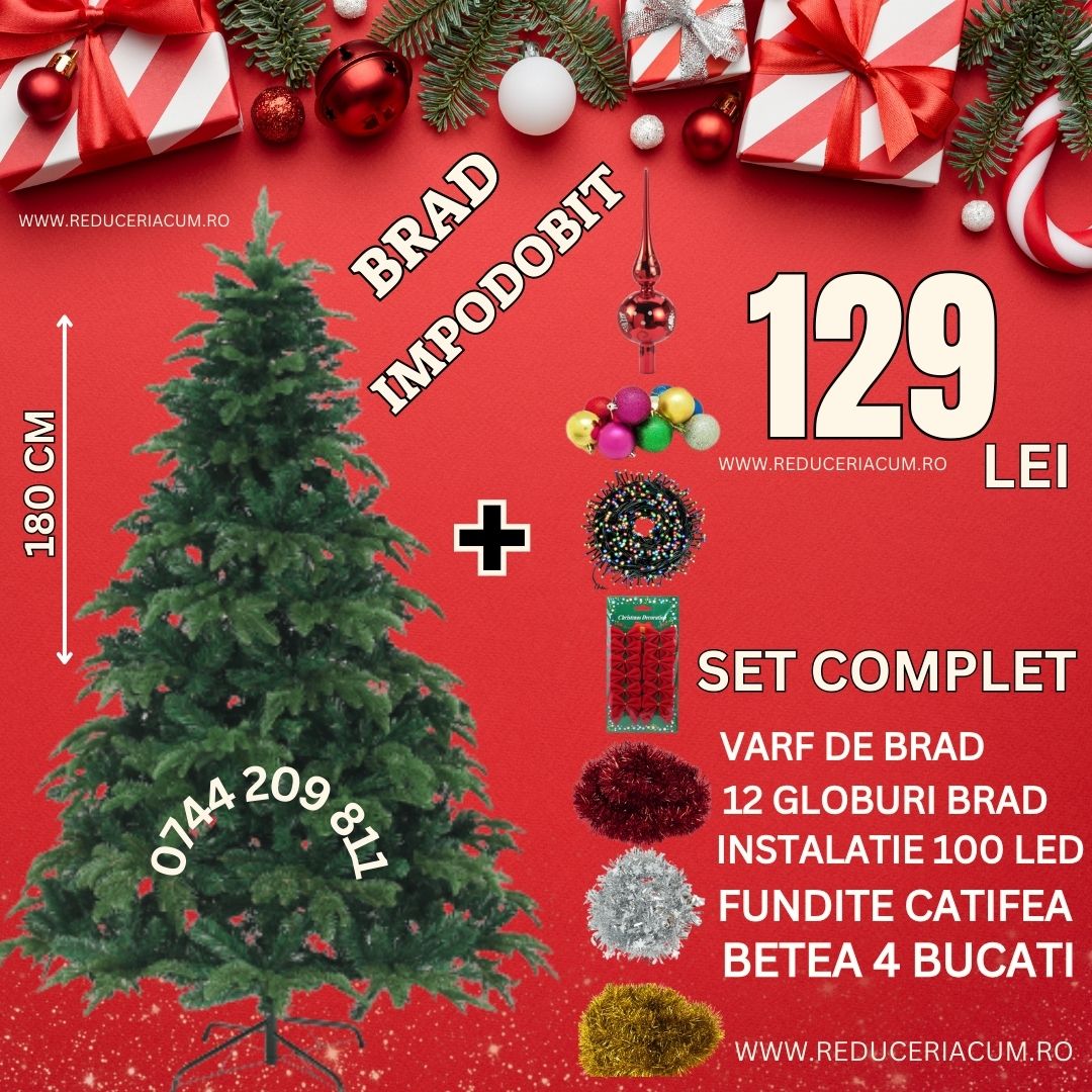 Brad de Craciun 180cm + Set complet accesorii pentru impodobit
